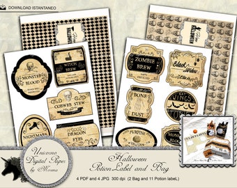 POTION BOTTLES LABELS, Halloween Bags, Trick or Treat gift Box printable, instant download