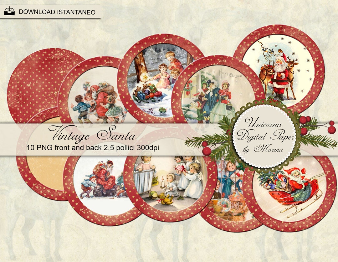 SANTA CLAUS CIRCLES 3 Inch. Printable, Vintage Card on Ivory and Red ...