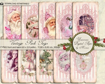 Christmas Vintage Pink Cards, Victorian embellishment, editable gift tag, Mistletoe, Holly, Poinsettia