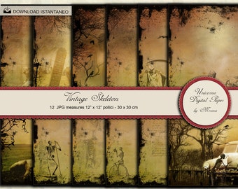 May include: A set of 12 digital papers featuring vintage skeleton illustrations and grunge textures in shades of brown, beige, and black. The papers measure 12 inches by 12 inches.