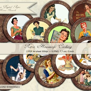 VINTAGE HOUSEWIFE COOKING Tondi Stampabili decorati con immagini anni 50