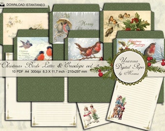 Printable Christmas Stationary digital set, Christmas Birds  Letter &  Envelope, Printable HOLIDAY CARDS,  green and ivory