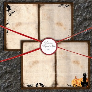 May include: Two digital paper sheets with a vintage, aged look. The top sheet features a black raven and spider web. The bottom sheet has a black cat, a jack-o-lantern, and two rats. The sheets are framed in brown and have a red ribbon across them. The text "Unicorn Digital Paper by Misoma" is on a red circle.