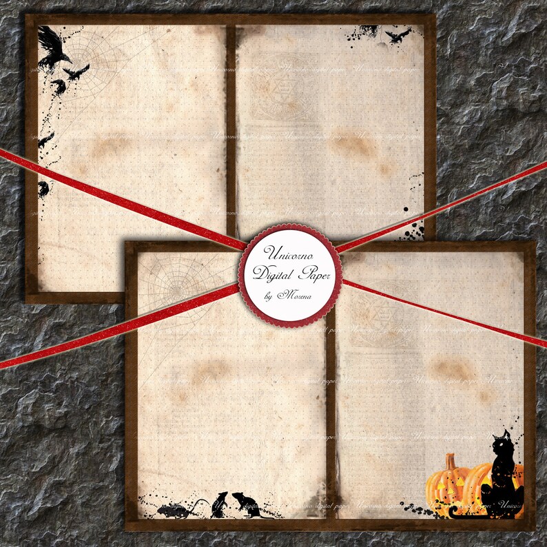 May include: Two digital paper sheets with a vintage, aged look. The top sheet features a black raven and spider web. The bottom sheet has a black cat, a jack-o-lantern, and two rats. The sheets are framed in brown and have a red ribbon across them. The text "Unicorn Digital Paper by Misoma" is on a red circle.