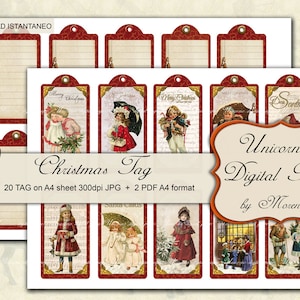 Kerstkaart, Kerst tag, Vintage effect wrapper tag versierd met tekeningen van Victoriaanse kinderen op ivoren achtergrond