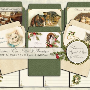 Carta y sobre de gato de Navidad, cartas imprimibles de Santa Claus decoradas con diseños victorianos sobre un fondo de marfil y verde