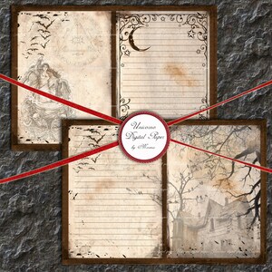 May include: Three digital paper designs with a vintage aesthetic. The first design features a woman with a skull and bats. The second design has a crescent moon and stars. The third design has a house with trees and birds. The text "Unicorn Digital Paper by Misoma" is on a red circle.