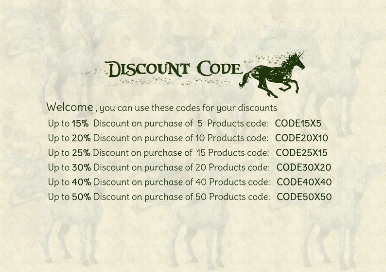 May include: A green unicorn illustration with a text overlay that reads "DISCOUNT CODE". The text below the illustration provides discount codes for purchases of 5, 10, 15, 20, 40, and 50 products.