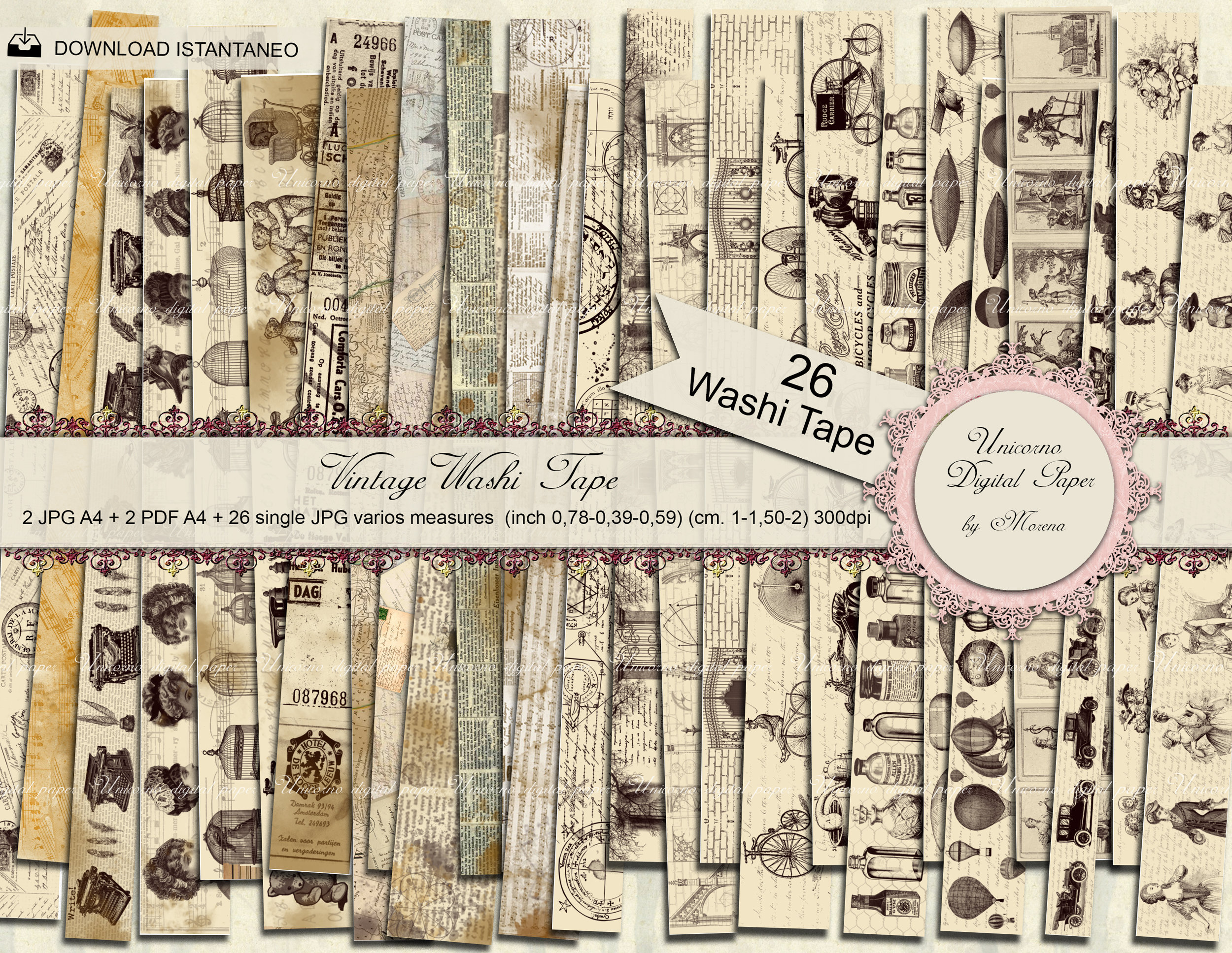 Vintage Washi Tape Printable, Strips and Borders, 30 Designs