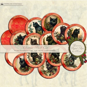 CHRISTMAS BLACK CATS, Tag tonde a tema natalizio stampabili fronte e retro