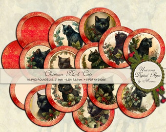 CHRISTMAS BLACK CATS circles 3 inch. printable, Set of 15 digital collage sheet