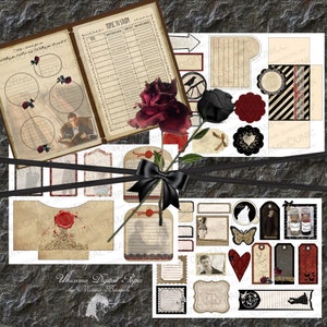 May include: Digital paper pack with a vintage aesthetic featuring a black and red rose, a black crow, and a variety of tags, labels, and frames. The paper pack includes a page with the text "Topic to Study" and a table with columns for "Topic", "Content Understanding", "Concept Understanding", and "New Understanding".