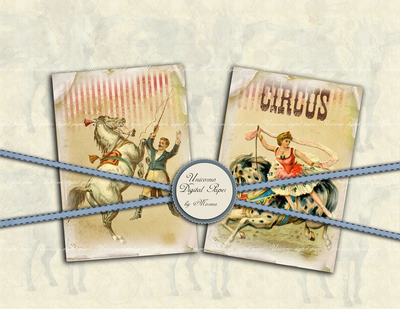 K&ouml;nnte beinhalten: Zwei Vintage-Digitalpapiere zum Thema Zirkus. Das erste Design zeigt ein Pferd, das sich aufb&auml;umt, mit einem Mann, der eine Peitsche h&auml;lt. Das zweite Design zeigt eine Frau, die ein Pferd reitet, mit einem langen, flie&szlig;enden Schal. Beide Designs haben einen rot-wei&szlig; gestreiften Hintergrund.