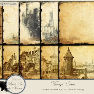 VINTAGE CASTLE VOL. 1 - Carta digitale stampabile, Carte per scrapbook in stile antico, Castelli e paesaggi medievali