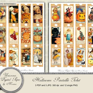 May include: Twelve vintage Halloween themed printable tickets with images of children, pumpkins, cats, and other Halloween imagery. The tickets are in a rectangular shape with a brown background and white borders.