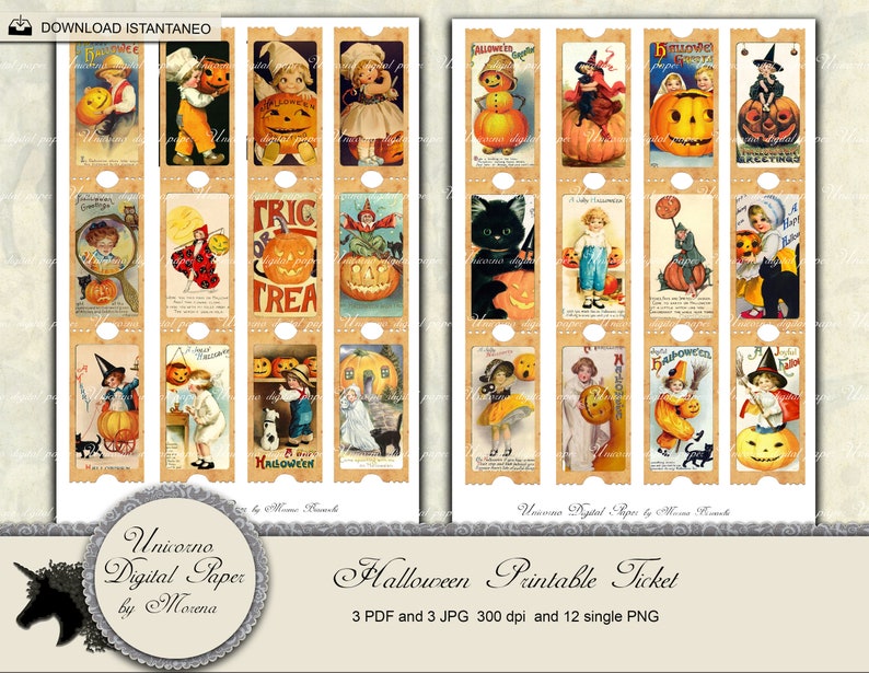 May include: Twelve vintage Halloween themed printable tickets with images of children, pumpkins, cats, and other Halloween imagery. The tickets are in a rectangular shape with a brown background and white borders.