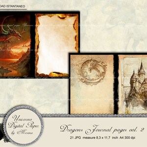 May include: A set of 21 digital paper pages featuring dragons and castles in a vintage style. The pages are designed for journaling and are 8.3 x 11.7 inches in size. The digital papers are 300 dpi and are available for instant download.
