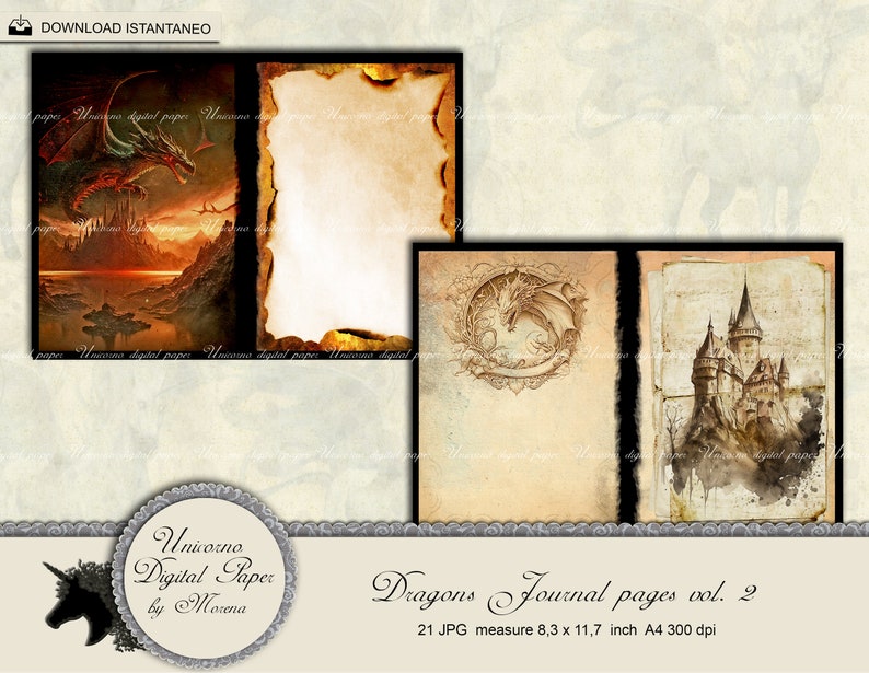 May include: A set of 21 digital paper pages featuring dragons and castles in a vintage style. The pages are designed for journaling and are 8.3 x 11.7 inches in size. The digital papers are 300 dpi and are available for instant download.
