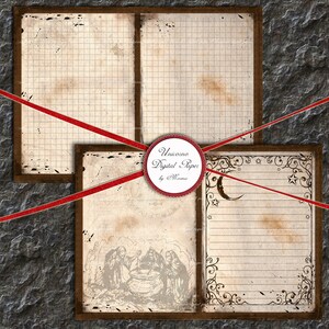 May include: Three digital paper designs featuring vintage-style paper with a grid pattern, a cauldron with three figures, and a moon and stars with lined paper. The designs are labelled "Unicorn Digital Paper by Moons"