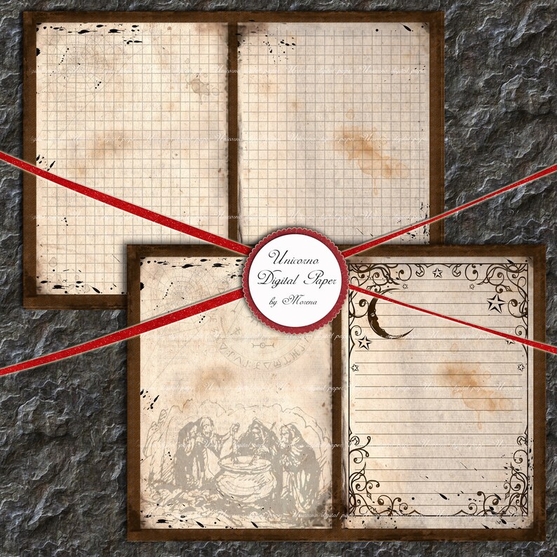 May include: Three digital paper designs featuring vintage-style paper with a grid pattern, a cauldron with three figures, and a moon and stars with lined paper. The designs are labelled "Unicorn Digital Paper by Moons"