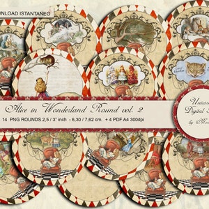 ALICE in wonderland, Tondi Carta digitale, Carte per scrapbook, Etichette, vintage