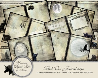 May include: A set of 13 digital paper pages featuring black cats, moons, and vintage-style designs. The pages are 8.30 inches by 11.7 inches and are perfect for scrapbooking, journaling, and other creative projects.