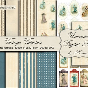 VINTAGE VALENTINE, Carta digitale, label, LOVE, Romantic,  Scrapbooking, San Valentino, Craft, Etichette, lovers, Vintage couple, retrò,