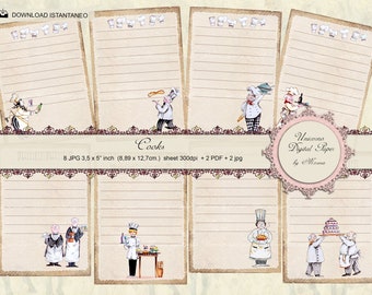 Puede incluir: Ocho hojas de papel digital con ilustraciones de chefs en varias poses. Las hojas están diseñadas con una estética vintage y tienen un fondo rayado. El texto "Cooks" y "Unicorno Digital Paper by Morna" está incluido en las hojas.