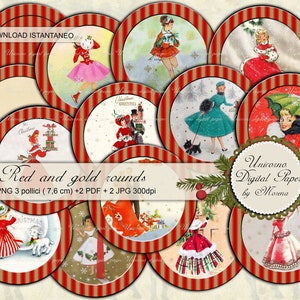 Christmas 50s, Tag tonde stampabili fronte e retro, decorate su fondo rosso e oro