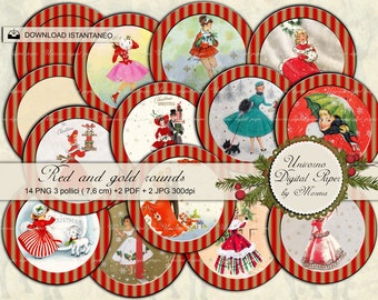 Christmas 50s circles  3 inch. PRINTABLE, Vintage card on gold and red background