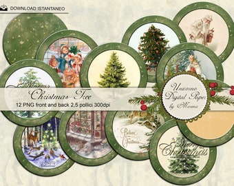 TAG and CIRCLES image for Christmas, Vintage card on ivory and green background 