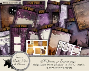 May include: A set of 18 digital papers and 2 digital scrapbook pages with tags and pockets, featuring a Halloween theme. The papers are in shades of purple, brown, and black with spooky images and text like "Spooktacular Halloween" and "The Witch".