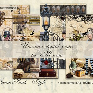 Può includere: Un set di quattro carte digitali in stile steampunk. Le carte presentano una varietà di immagini, tra cui ingranaggi, orologi e una donna in un abito steampunk. Le carte sono in una tavolozza di colori caldi con sfumature di marrone, oro e rosso. Il testo "Unicorno digital paper by Morena" e "Steam Punk Style - 4 carte formato A4 300dpi JPG" è incluso nell'immagine.