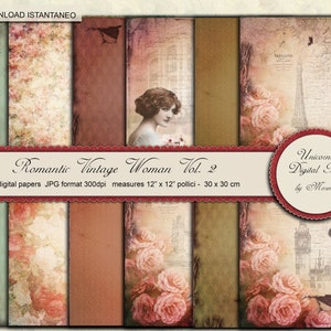 Romantic Vintage Woman scrapbook paper, Carta digitale, LOVE, Scrapbooking, retrò,
