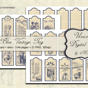 Kerstkaart, kersttag, vintage effect wrapper tag versierd met blauwe Victoriaanse ontwerpen op ivoren achtergrond