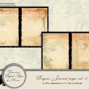 May include: Two pages of digital paper featuring a dragon design. The paper has a vintage, aged look with a brown and beige color scheme. The text on the image reads "Dragons Journal pages vol. 2 21 JPG measure 8.3 x 11.7 inch A4 300 dpi".