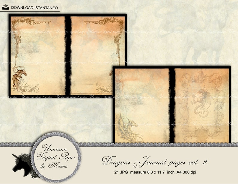 May include: Two pages of digital paper featuring a dragon design. The paper has a vintage, aged look with a brown and beige color scheme. The text on the image reads "Dragons Journal pages vol. 2 21 JPG measure 8.3 x 11.7 inch A4 300 dpi".