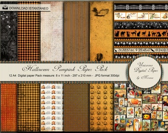 Könnte beinhalten: Ein digitales Papierpaket mit 12 Halloween-Designs. Die Designs zeigen Kürbisse, Katzen, Spinnen und andere Halloween-Bilder. Das Papierpaket misst 20,3 x 27,9 cm und hat eine Auflösung von 300 dpi.
