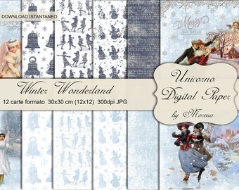 WINTER WONDERLAND, Tag, Digital paper, Santa Claus, Labels, Christmas wallpaper, Sleight, Snowman, Holy Night, Landscape, Snow, Magic Night