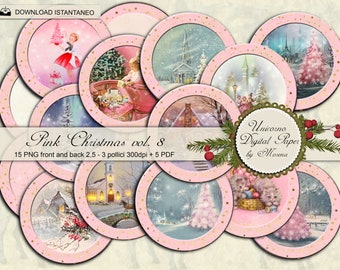 Pink Christmas rounds, 15 printable Circles 2,5 / 3 inch, journaling, Scrapbook, round collage sheet, bottle cap images