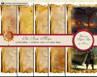 Pirate Paper Pack, Old Pirate Maps, A4 Digital Sheets, vintage maps and sea art
