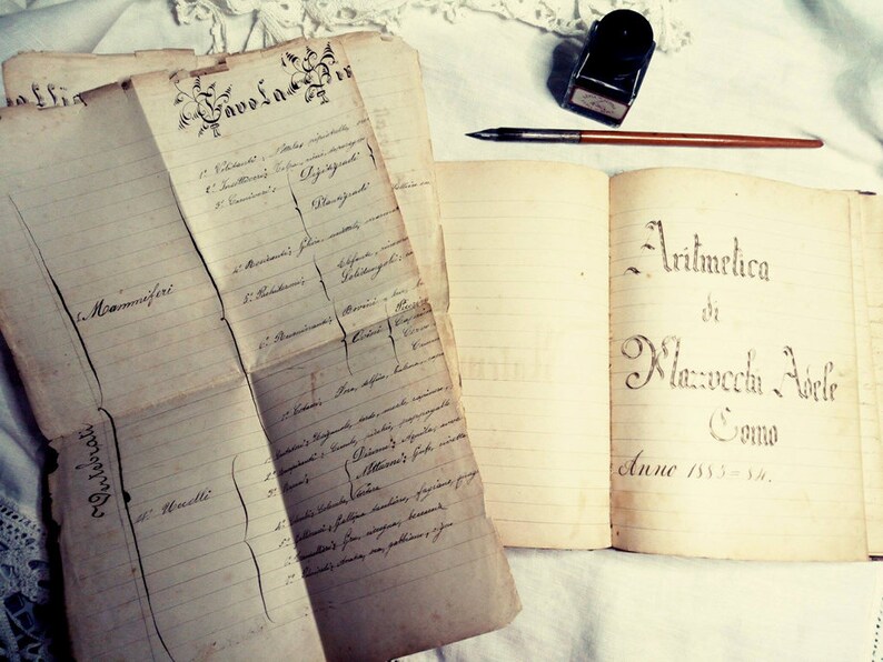 May include: An open book with the title "Aritmetica di Mazzucchelli Avvoc. Como Anno 1832." written in cursive script. The book is on a white surface with a pen and inkwell.