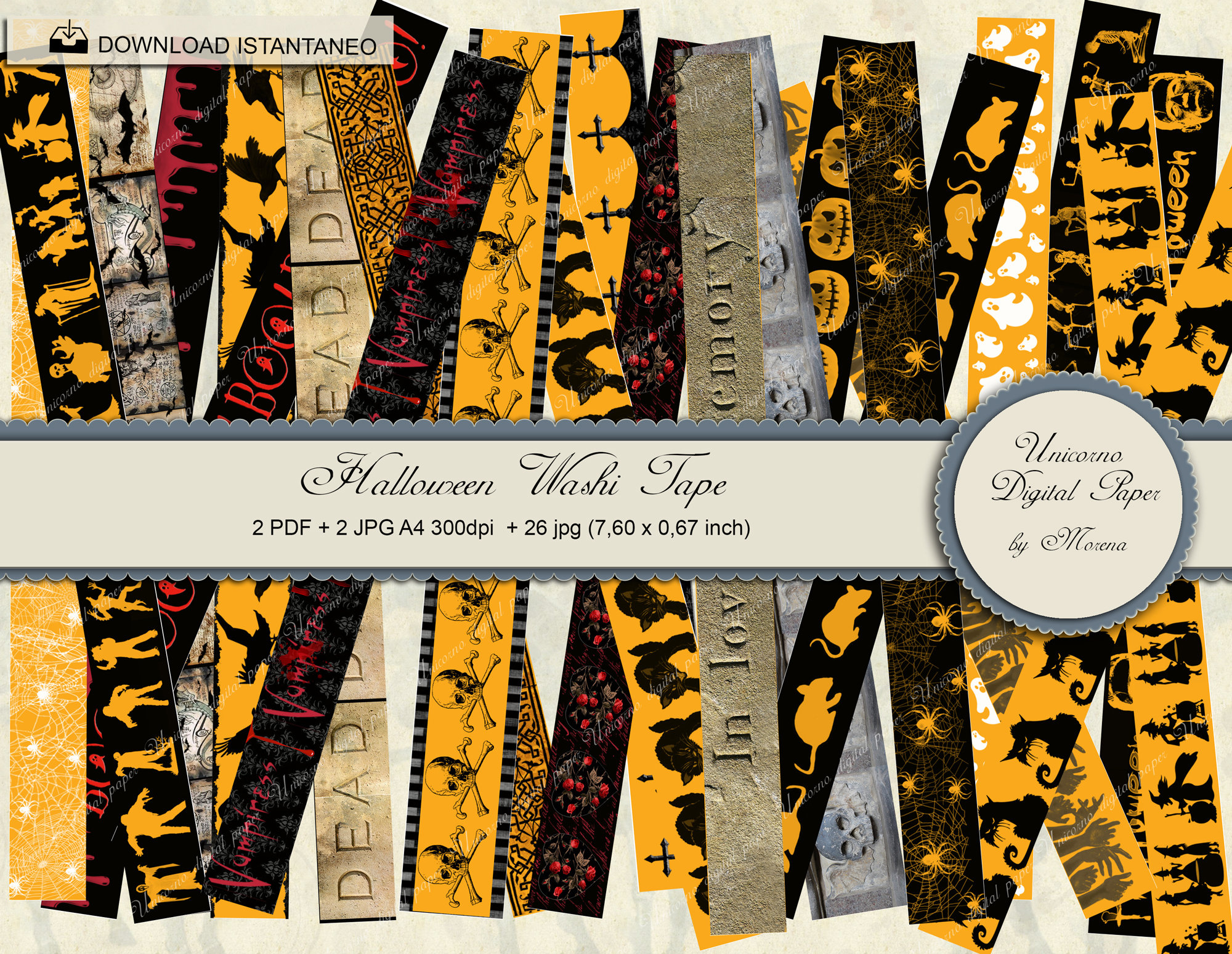 Halloween Printable Washi Tape Strips and Borders, 26 Digital Designs ...