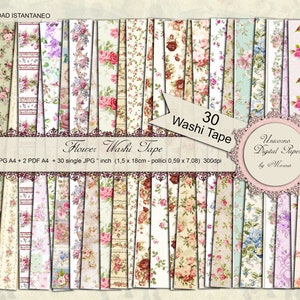 Flowers Digital Washi Tapes stampabili per Planner o Journal, 30 diversi disegni tema floreale