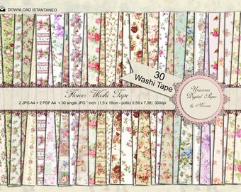 Flowers Printable Washi Tape, Strips and borders, 30 designs, Digital Download Washi Tape