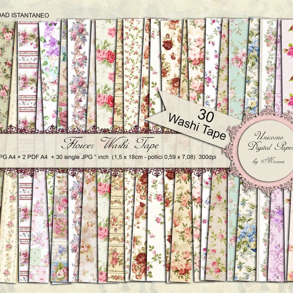 Flowers Printable Washi Tape, Strips and borders, 30 designs, Digital Download Washi Tape