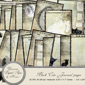 Gothic Journal Kit, Black Cats, Journal single pages 8.3" x 11.7", Diario romántico en estilo gótico imprimible