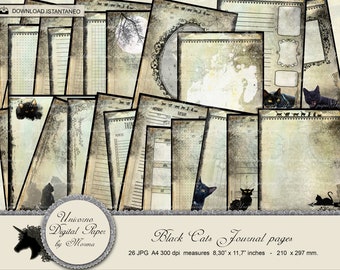 GOTHIC Journal BLACK CATS, Journal single pages  8,3" x 11,7", Diaries  Romantic Scrapbook paper for gothic lovers