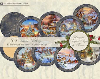 Christmas Village CIRCLES  3 and 2,5 inch. PRINTABLE, Vintage card on ivory and blue background