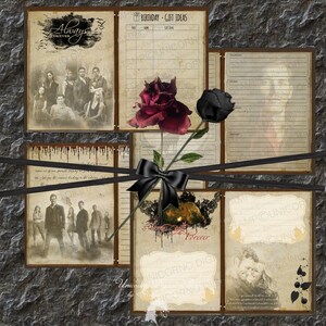 May include: A set of printable journal pages with a gothic theme. The pages feature images of a rose, a black rose, a couple, and a group of people. The pages also include text that says "Always and Forever".
